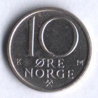 Монета 10 эре. 1986 год, Норвегия.