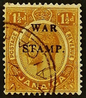 Почтовая марка. "Король Георг V ("WAR STAMP")". 1916 год, Ямайка.