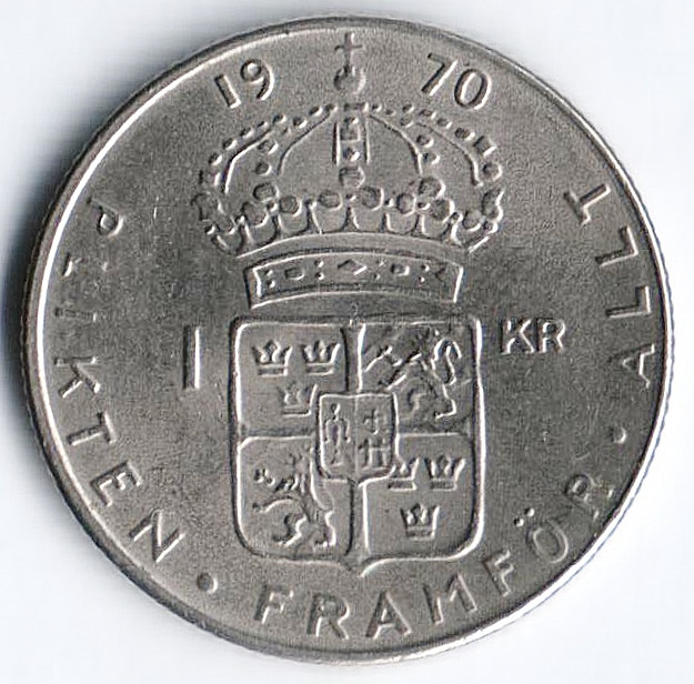 Монета 1 крона. 1970(U) год, Швеция.
