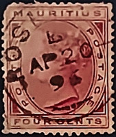 Почтовая марка (4 p.). "Королева Виктория". 1885 год, Маврикий.