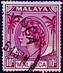 Почтовая марка (10 c.). "Королева Елизавета II". 1954 год, Малакка (Малайя). Почтовая марка (10 c.). "Королева Елизавета II". 1954 год, Малакка (Малайя).