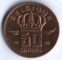 Монета 50 сантимов. 1998 год, Бельгия (Belgique).
