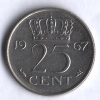 Монета 25 центов. 1967 год, Нидерланды.