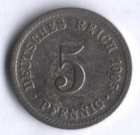 Монета 5 пфеннигов. 1905 год (A), Германская империя.