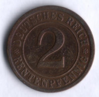 Монета 2 рентенпфеннига. 1924 год (A), Веймарская республика.