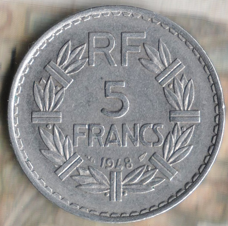 Монета 5 франков. 1948 год, Франция. "9" - открытая.