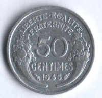 Монета 50 сантимов. 1945 год, Франция.