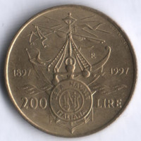 Монета 200 лир. 1997 год, Италия. 100 летие Итальянской Морской Лиге.