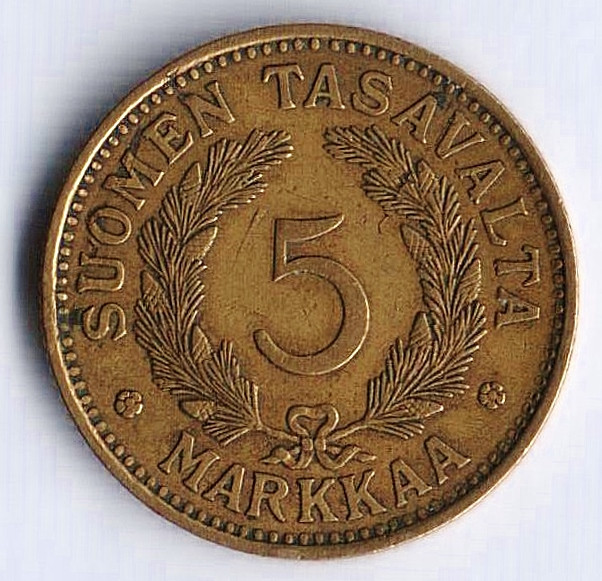 Монета 5 марок. 1930 год, Финляндия.