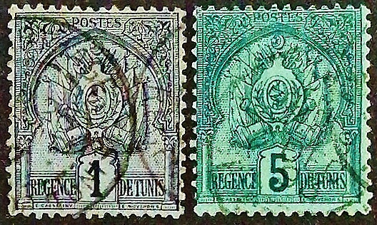 Набор почтовых марок (2 шт.). "Герб на пунктирном фоне". 1888-1889 годы, Тунис.