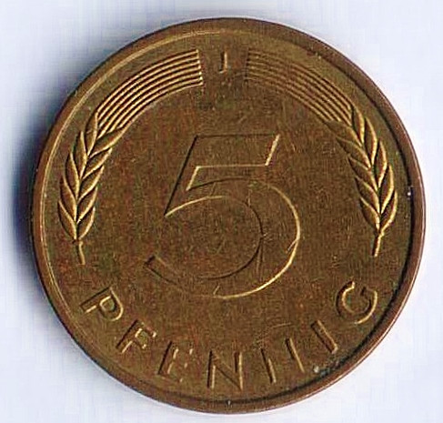 Монета 5 пфеннигов. 1994(J) год, ФРГ.