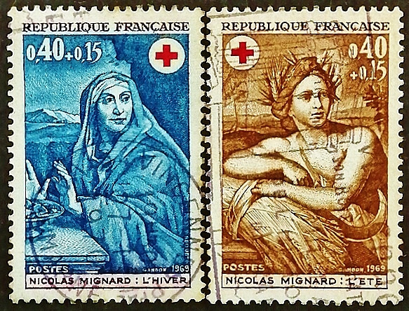 Набор почтовых марок (2 шт.). "Красный крест - Живопись". 1969 год, Франция.