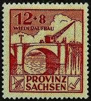 Марка почтовая (12+8 pf.). "Восстановление". 1946 год, Германия (Советская оккупация Саксонии).