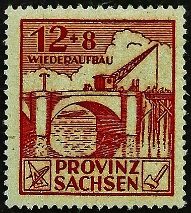 Марка почтовая (12+8 pf.). "Восстановление". 1946 год, Германия (Советская оккупация Саксонии).