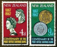 Набор марок (2 шт.). "100 лет Сберегательному Банку почты Новой Зеландии". 1967 год, Новая Зеландия.