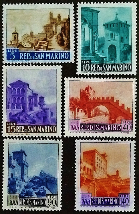 Набор марок (6 шт.). "Пейзажи". 1966 год, Сан-Марино.