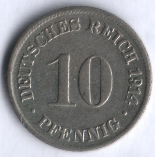 Монета 10 пфеннигов. 1914 год (D), Германская империя.