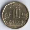 Монета 10 сентимо. 1995 год, Перу.