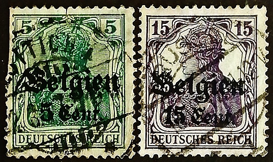 Набор почтовых марок (2 шт.). "Германия (с надпечаткой)". 1916-1917 годы, Бельгия (Германская оккупация в ПМВ).
