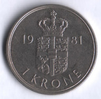 Монета 1 крона. 1981 год, Дания. B;B.