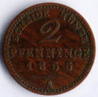 Монета 2 пфеннига. 1866(А) год, Пруссия.