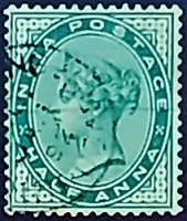 Почтовая марка (½ an.). "Королева Виктория". 1883 год, Британская Индия.