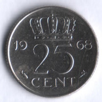 Монета 25 центов. 1968 год, Нидерланды.