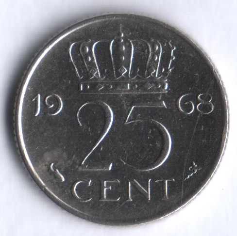 Монета 25 центов. 1968 год, Нидерланды.