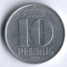 Монета 10 пфеннигов. 1965 год, ГДР.