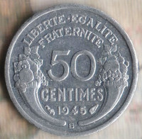 Монета 50 сантимов. 1945(B) год, Франция.