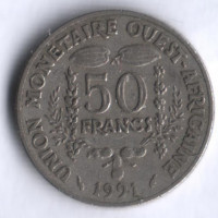Монета 50 франков. 1991 год, Западно-Африканские Штаты.