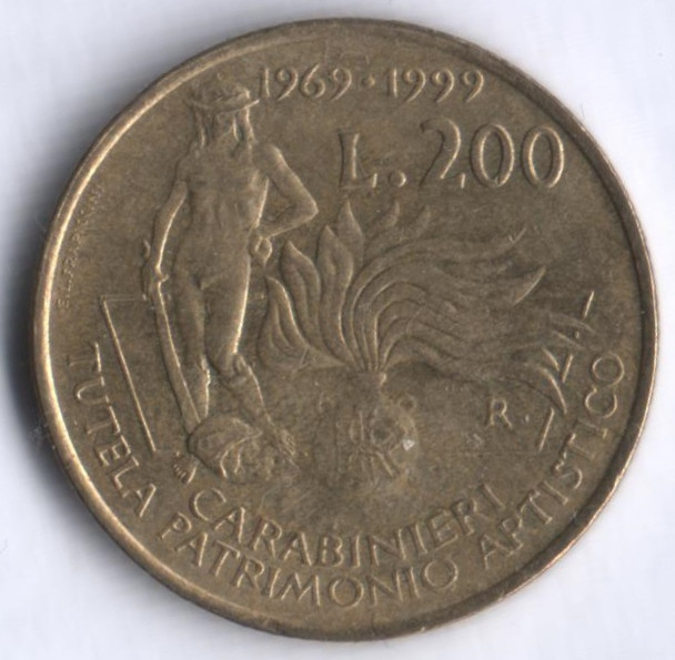 Монета 200 лир. 1999 год, Италия. Защита населения. Карабинеры.