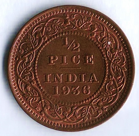 Монета 1/2 пайса. 1936 год, Британская Индия.