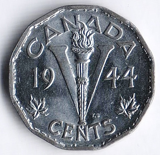 Монета 5 центов. 1944 год, Канада.