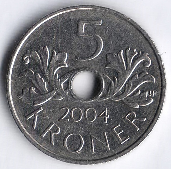 Монета 5 крон. 2004 год, Норвегия.