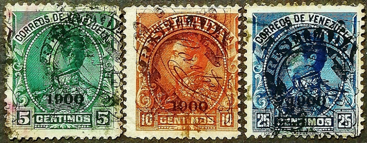 Набор почтовых марок (3 шт.). "Симон Боливар ("1900-Resellada")". 1900 год, Венесуэла.