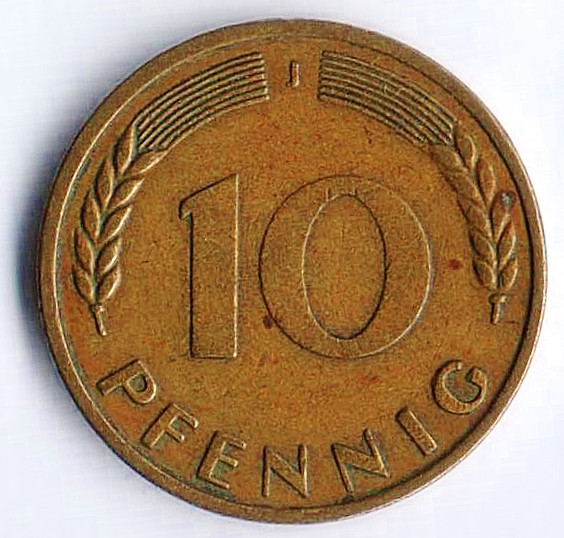 Монета 10 пфеннигов. 1950(J) год, ФРГ.