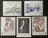 Набор почтовых марок (5 шт.). "Картины польских художников". 1959 год, Польша.