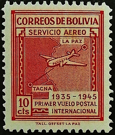 Марка почтовая (10 c.). "15 лет Первой авиапочтовой службе PANAGRA". 1945 год, Боливия.
