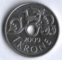 Монета 1 крона. 2009 год, Норвегия.