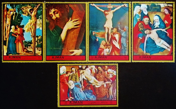 Набор марок (5 шт.) с блоком. "Пасха: Картины с изображением Распятия Христа". 1972 год, Аджман.