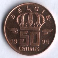 Монета 50 сантимов. 1995 год, Бельгия (Belgie).