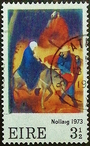 Почтовая марка (3⅟₂  p.). «Бегство в Египет», Ян де Беер. 1973 год, Ирландия.