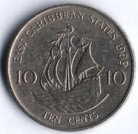 Монета 10 центов. 1989 год, Восточно-Карибские государства.