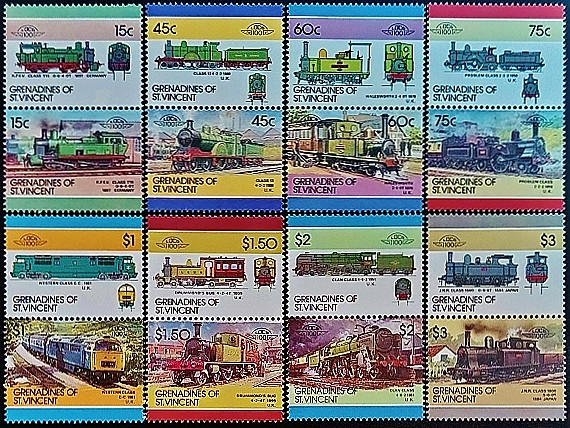 Набор марок (16 шт.). "Локомотивы (VI)". 1986 год, Острова Сент-Винсент и Гренадины. Набор марок (16 шт.). "Локомотивы (VI)". 1986 год, Острова Сент-Винсент и Гренадины.