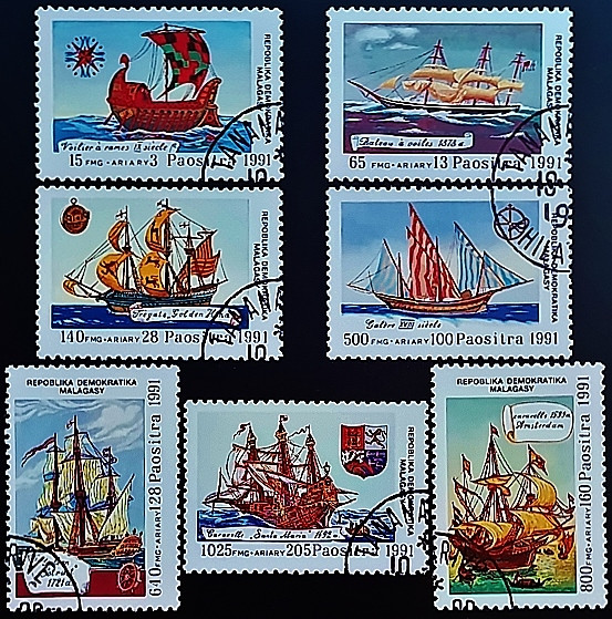 Набор почтовых марок (7 шт.). "Открытие Америки". 1991 год, Мадагаскар.