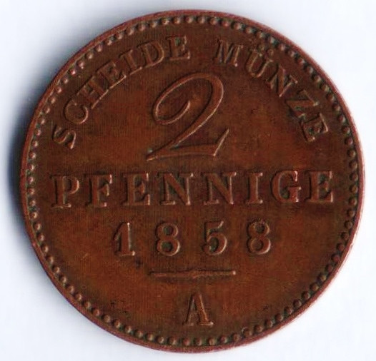 Монета 2 пфеннига. 1858(А) год, Саксен-Веймар-Эзенах.