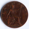 Монета 1 фартинг. 1910 год, Великобритания.
