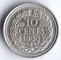 Монета 10 центов. 1935 год, Нидерланды.