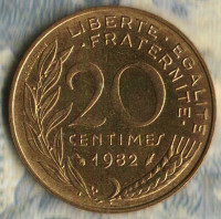 Монета 20 сантимов. 1982 год, Франция.
